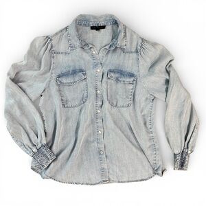 Jane and Delancey Chambray Button Down Blouse Smocked Cuffs Size Large